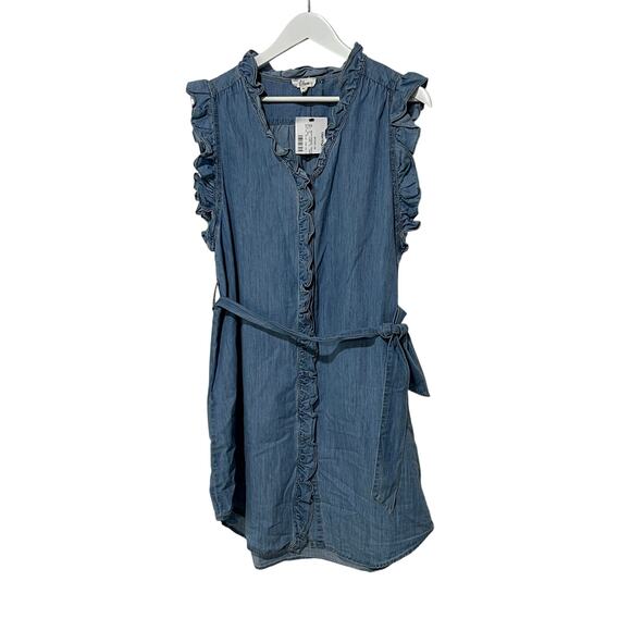 ELAN INTERNATIONAL WOMENS MEDIUM COTTON MINI DRESS RUFFLE SLEEVE W/BELT BLUE NEW - Picture 5 of 13